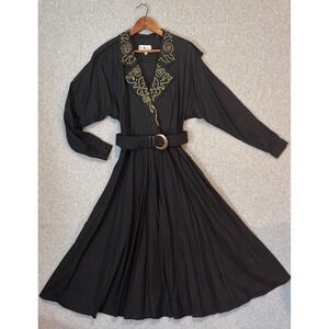 Vintage 80s J. Arthur Women's 14 Black‎ A-Line Floor Length Dress Gold Glam Rock